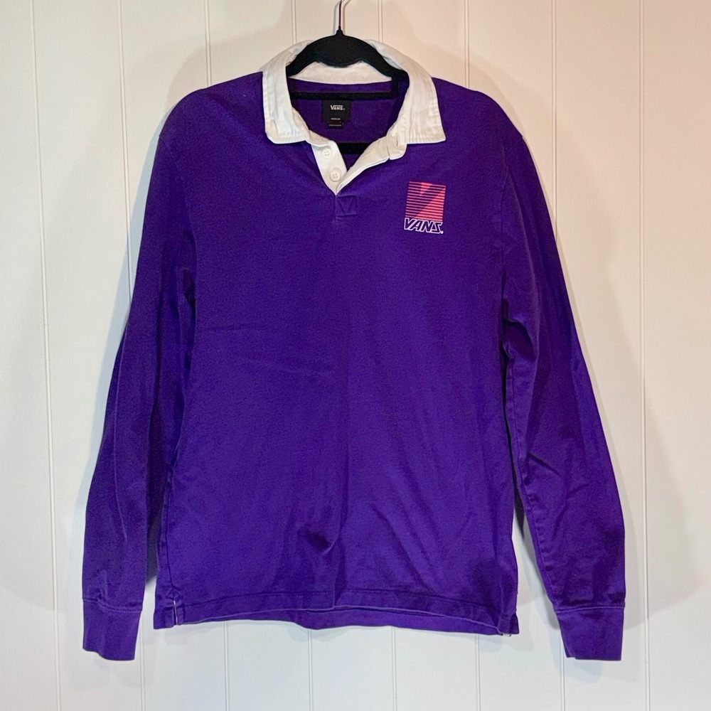 Vans Mens Long Sleeve Rugby Shirt Purple Graphic Logo Skate Size Medium